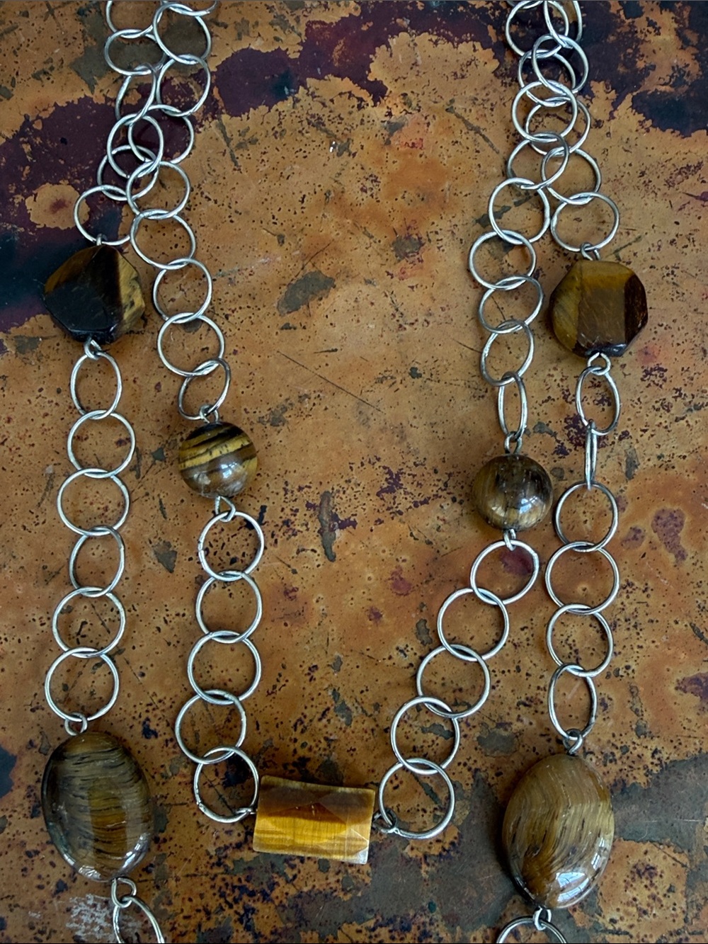 Brown Tiger's Eye Beaded Double-Strand Silver Link Necklace- 18” w/ 3” Extender - Picture 4 of 5